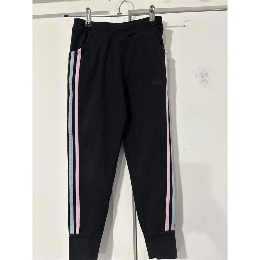 Adidas Girls‎ Track Pants, Size Large, Black with pastel lines Is 10/12 Slim Fit